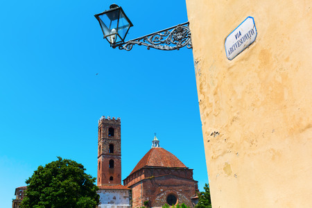 street view with old buildings in Lucca, Tuscany, Italyの写真素材