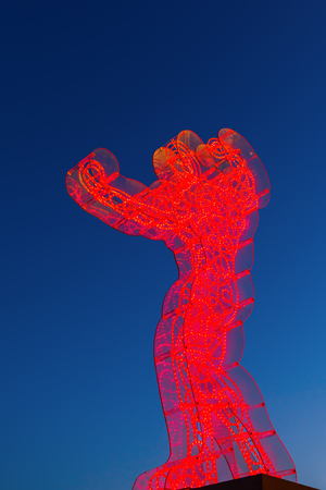 Pisa, Italy - June 30, 2016: light sculptures in Pisa at night. The sculptures are lightened with LED light and designed by light sculptor Marco Lodolaのeditorial素材