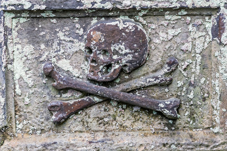 skull and bones at an antique and weathered tombstone