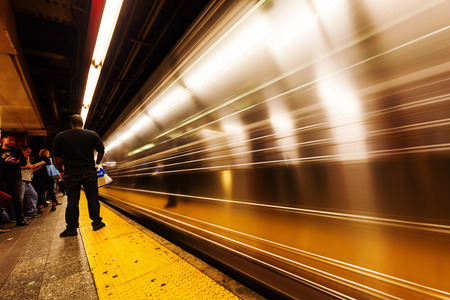New York City, USA - October 14, 2015: subway station in Manhattan with unidentified people. The New York City Subway is the worlds large largest rapid transit system by length of routes and number of stationsのeditorial素材