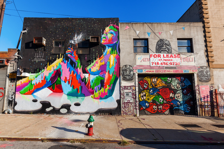 New York City, USA - October 10, 2015: mural art in Bushwick, Brooklyn. Bushwick is one of NYC's major street art hubs, with at outdoor art gallery known as the Bushwick Collectiveのeditorial素材
