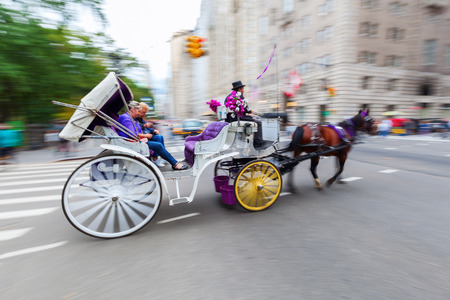 New York City, USA - October 14, 2015: horse carriage from Central Park with motion blur. NYC has...