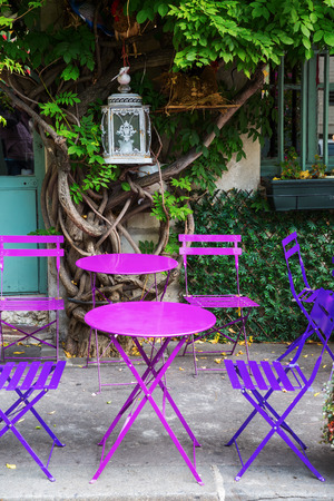 vintage style purple bistro tables at a cafe in Paris, Franceの写真素材