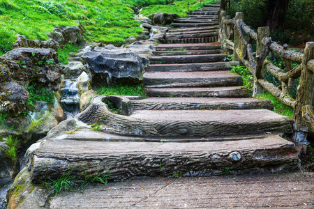 steps of a staircase in the Parc des Buttes Chaumont in Paris, Franceの写真素材