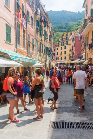 Vernazza, Italy - July 02, 2016: street scene in Vernazza with unidentified people. Vernazza is one of the famous five UNESCO protected, picturesque towns in the Cinque Terre.のeditorial素材