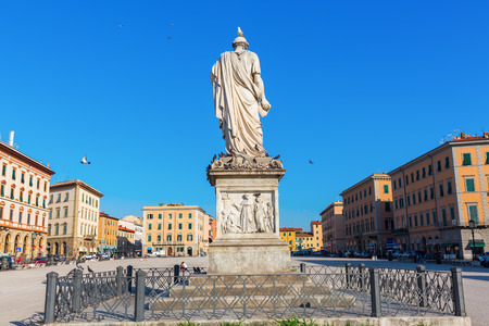 Livorno, Italy - July 01, 2016: statue of Leopold II on the Piazza della Repubblica, that is the biggest Piazza in Livorno, situated at the far end of Via Grande. It is also a major traffic hubのeditorial素材