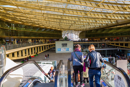 Paris, France - October 15, 2016: Forum Les Halles with unidentified people. It was the central fresh food market of Paris, then demolished in 1971 and replaced with a modern shopping mallのeditorial素材
