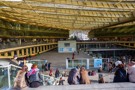 Paris, France - October 15, 2016: Forum Les Halles with unidentified people. It was the central fresh food market of Paris, then demolished in 1971 and replaced with a modern shopping mallのeditorial素材