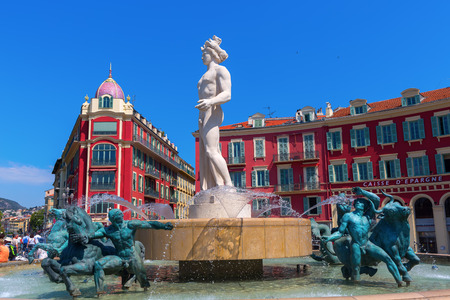 Nice, France - July 25, 2016: fountain called Fontaine du Soleil with unidentified people on the Place Massena in Nice. Nice is the fifth most populous city in France and a popular seaside resortのeditorial素材