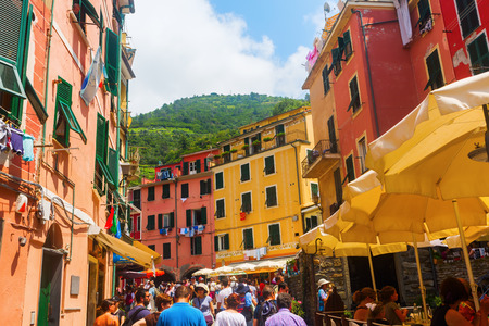 Vernazza, Italy - July 02, 2016: street scene in Vernazza with unidentified people. Vernazza is one of the famous five UNESCO protected, picturesque towns in the Cinque Terre.のeditorial素材