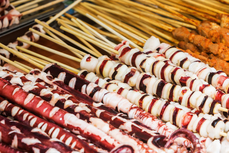 seafood skewers at a street food shop in Tai O, Lantau Island, Hongkongの写真素材