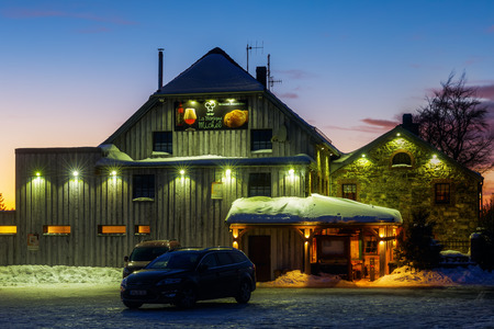 Jalhay, Belgium - January 20, 2017: Baraque Michel in the High Vens at night. It is a popular restaurant destination in the High Vens, that is the largest nature reserve in Belgium.のeditorial素材