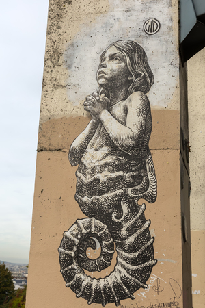 Paris, France - October 18, 2016: street art in Paris. Street art has moved from the beginnings of graffiti and vandalism to new modes where artists show messages or beauty of their artのeditorial素材