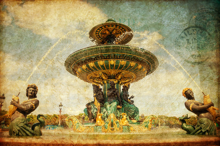 vintage picture of the Neptun Fountain on the Place de la Concorde in Paris, Franceの写真素材
