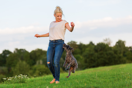 picture of a woman who plays with a terrier hybrid dog on a meadow