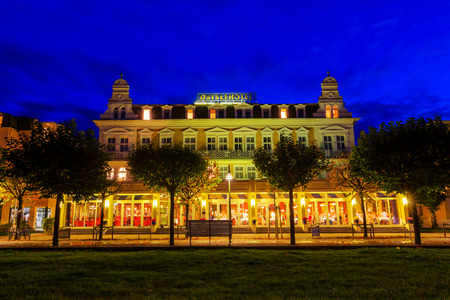 Ahlbeck, Germany - October 22, 2017: Ostseehotel in Ahlbeck, Germany, at night. The pier is one of the major attractions of Ahlbeck, 280 m long and the oldest preserved pier in Germanyのeditorial素材