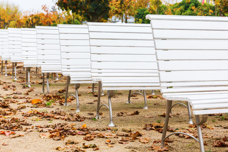 picture of a row of white benches at an outdoor eventの写真素材