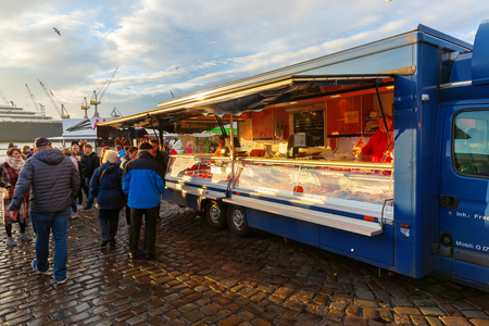 Hamburg, Germany - November 11, 2018: Altona Fish Market with unidentified people. The fish market is one of Hamburg's main tourist attractionsのeditorial素材