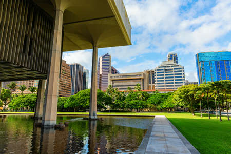 Honolulu, Oahu, Hawaii - November 04, 2019: Hawaii State Capitol in Honolulu. It is the official statehouse or capitol building of the U.S. state of Hawaiiのeditorial素材