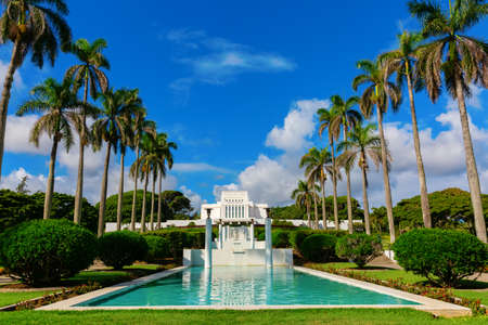 Laie, Oahu, Hawaii - November 03, 2019: Laie Hawaii Temple on Oahu. The temple was the first temple built by the LDS Church outside the contiguous United Statesのeditorial素材
