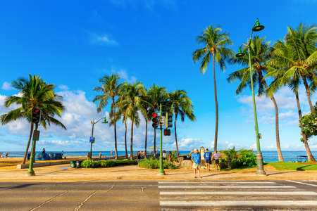 Honolulu, Oahu, Hawaii - November 04, 2019: Kuhio beach park with unidentified people. It is a public ocean-side park located within Waikiki Beachのeditorial素材