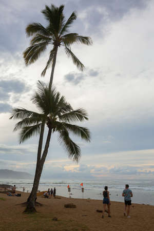 Haleiwa, Hawaii, US - November 06, 2019: beach at dusk with unidentified peoplein Haleiwa. Haleiwa is the largest commercial center at the North Shore and popular destination for surfing and divingのeditorial素材