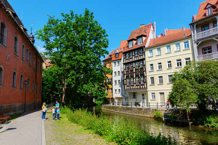 Bamberg, Germany - June 15, 2019: view at the river Regnitz in the old town of Bamberg, Bavaria, with unidentified people. Bamberg is a city in Bavaria and well known for its medieval old townのeditorial素材