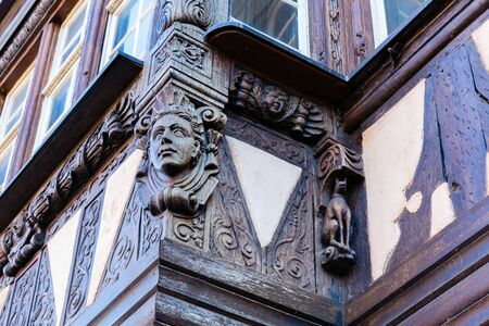 ornate detail of a historic half-timbered building in Strasbourg, Franceの写真素材