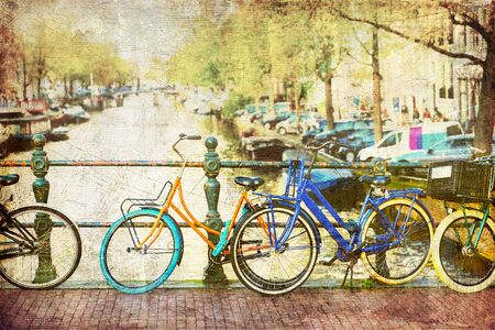 textured picture of a scene with bicycles at a canal in Amsterdam, Netherlandsの写真素材