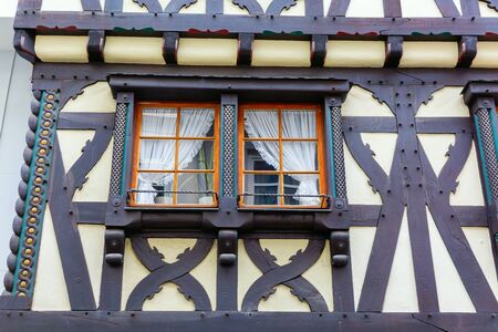 facade with window of a half-timbered house in Linz am Rhein, Germanyの写真素材