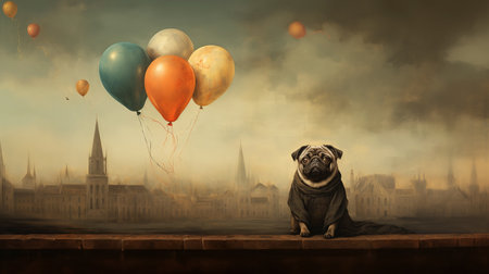ai generated picture of a cute pug sitting on a wall with a cityscape in background, flying balloons, copy spaceの素材
