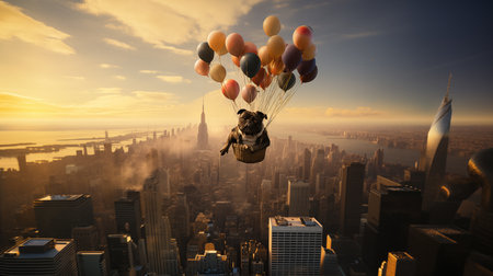 ai generated image of  a pug that flies with balloons over the skyline of Manhattanの素材