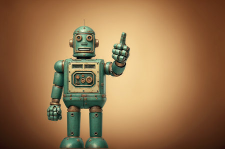 ai generated image of an old rusty sheet metal robot shows thumb up, on plain backgroundの素材