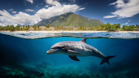 ai generated image of a splitted photo of a caribbean island with holiday resorts and an underwater scene belowの素材