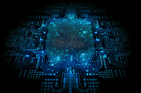 ai generated image of a digital fingerprint connected to conductor tracks on a computer circuit boardの素材