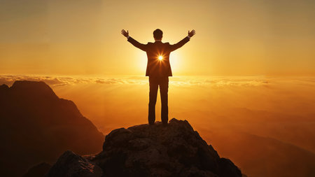 ai generated image of a businessman standing on the peak of a high mountain, raise his hands, at sunsetの素材