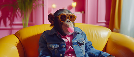 ai generated image of an anthropomorphic monkey in denim clothes make a bubble gum bubble, solid background, copy spaceの素材