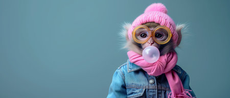 ai generated image of an anthropomorphic monkey in denim clothes make a bubble gum bubble, solid background, copy spaceの素材