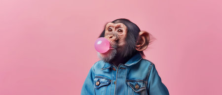 ai generated image of an anthropomorphic monkey in denim clothes make a bubble gum bubble, solid background, copy spaceの素材