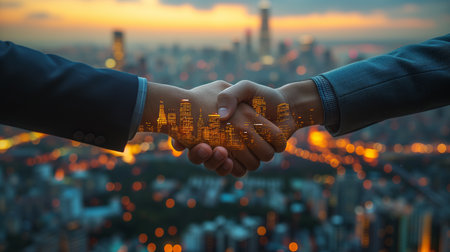 ai generated image of businessmen shaking hands in front of cityscape, making a deal, double exposureの素材