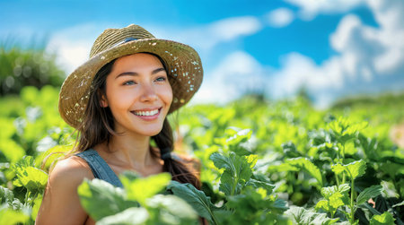 ai generated image of a vegetable garden in the city, a woman gardening, standing between the plantsの素材