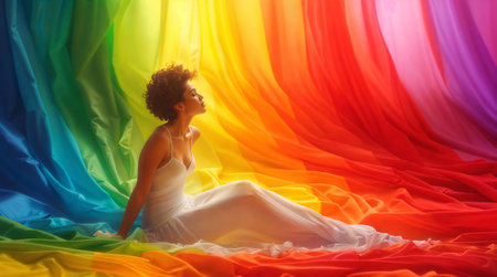 ai generated image of an african woman on a rainbow background, beautiful woman dreamingの素材
