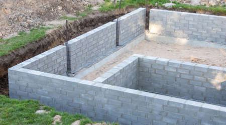 Construction of concrete foundations for a new houseの写真素材