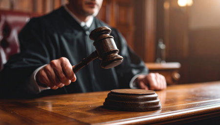 Close-up of judge gavel and soundboard on wooden tableの素材