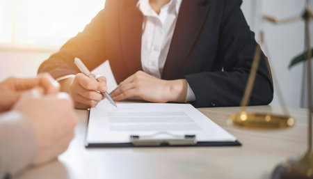 Female lawyer or notary working with client in office. Lawyer concept.の素材