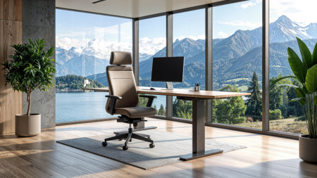 Modern office interior with panoramic view on lake. 3D Renderingの素材