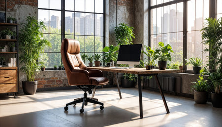 Modern office interior with furniture and plants. Workplace in loft styleの素材