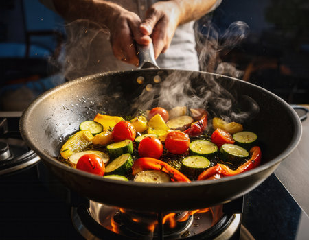 Chef cooking vegetables in a frying pan on a gas stove.の素材
