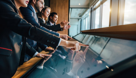 A group of businesspeople discuss a business plan in a conference room near a touch panelの素材