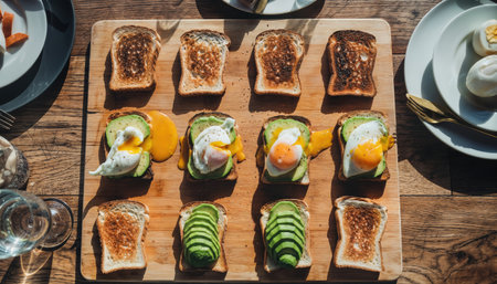 Toast with avocado and poached eggs on wooden board, top viewの素材
